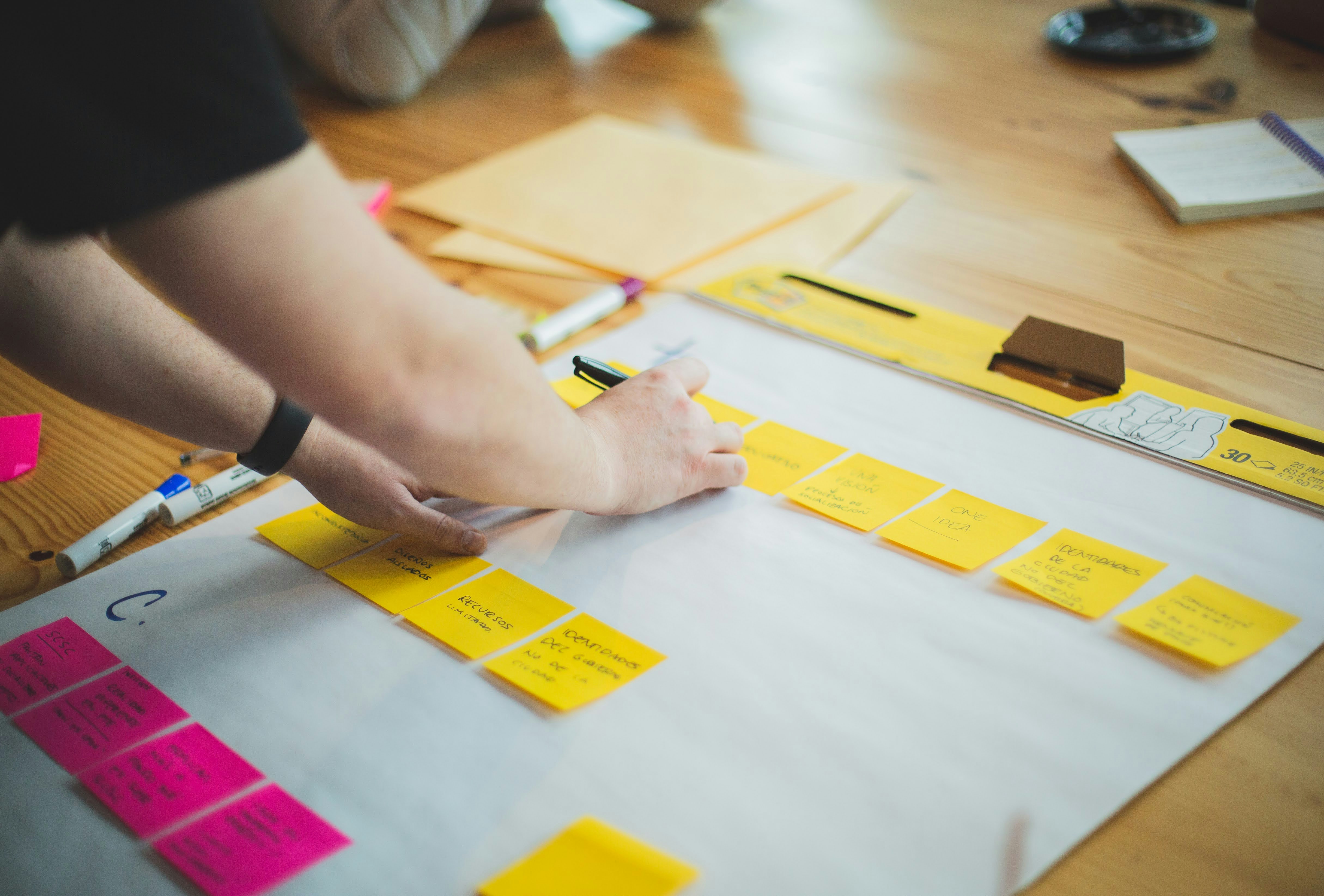 hand placing sticky notes on a white big sheet of paper